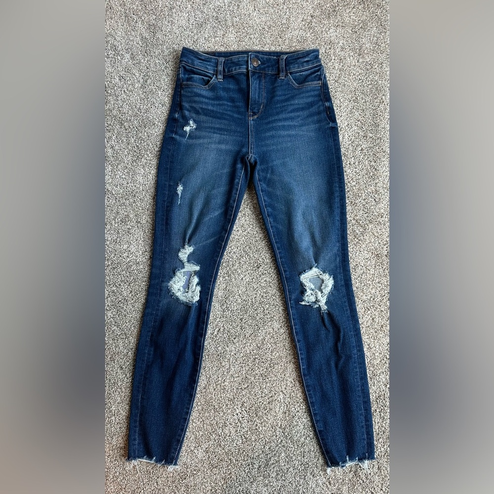 American Eagle Outfitters Dark Blue Distressed Hi-rise Jegging